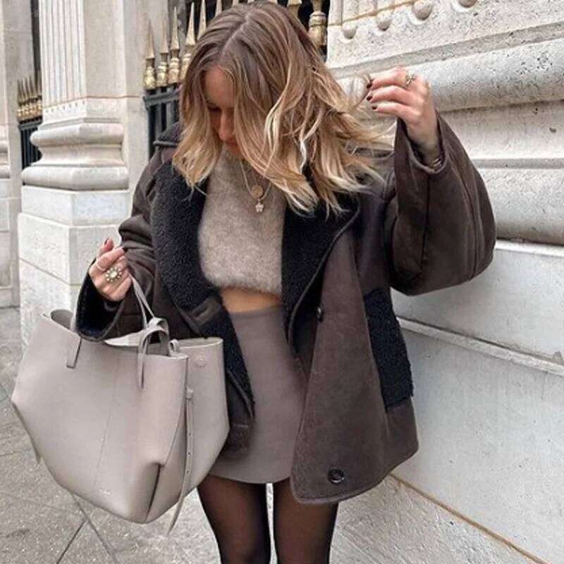 TRAF Fleeced Leather Women Outerwears Vintage Cold Faux Wool & Blends Coats For Woman Autumn Winter Plush Jacket