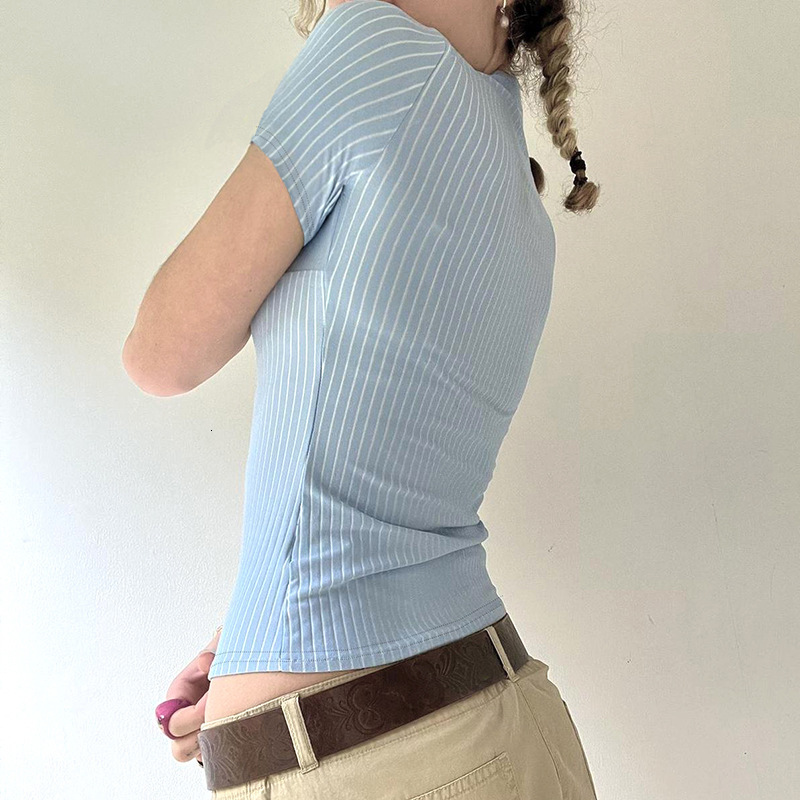 2025 Summer new women's T-shirt blue and white striped lapel button short sleeved T-shirt sexy slim fit cardigan new designer T-shirt