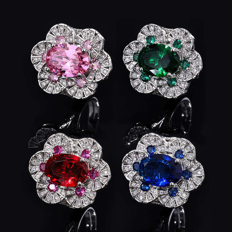 Royal Blue For Women With Flower And Emerald, Fashionable Red Corundum Ring 002