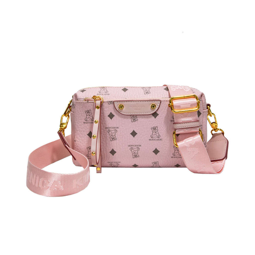 Monica Qiqi Brown Bear Print Fashion Small Square Bag for Women 2025 New Wide Strap Single Shoulder Crossbody Internet Celebrity