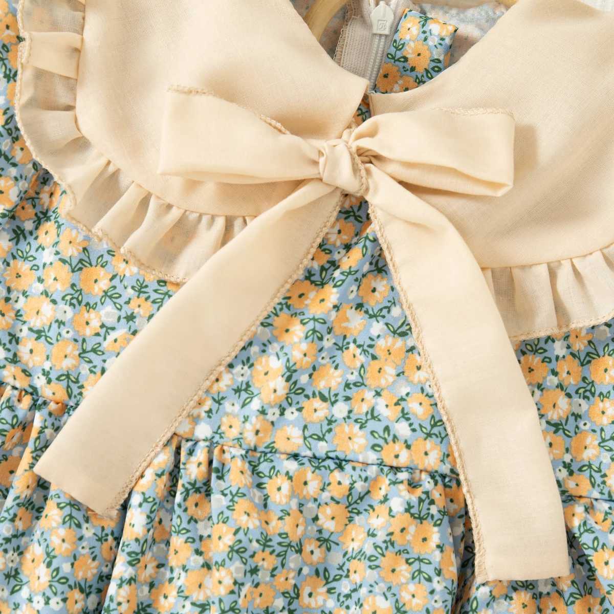 Girl Dress Summer Flower Printed Casual Dress Cute Collar Bow Elegant Outdoor Kids Clothing R250707