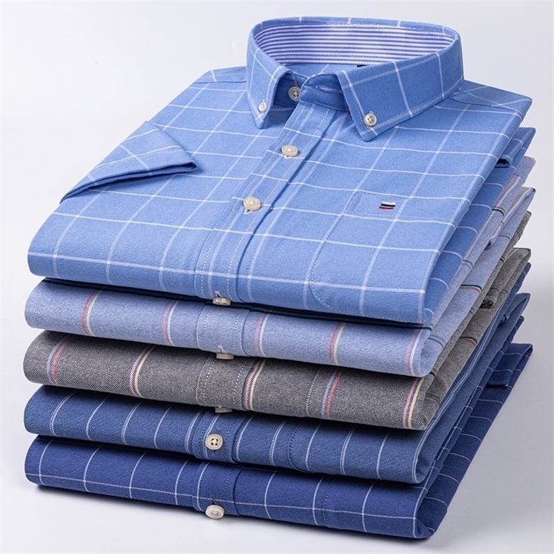 Mens Social Shirt Short Sleeve 100% Pure Cotton Oxford Soft Buttoned Plaid Formal Male Clothes Pocket Social Shirt S-7XL 250616