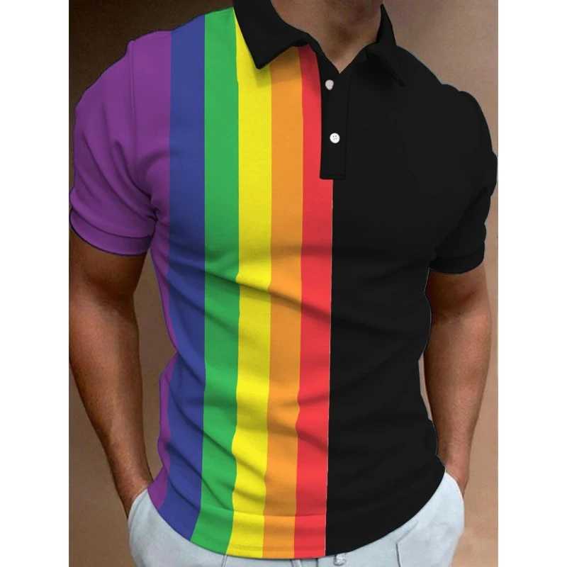 3D Color Rainbow Stripe Print Polo T-Shirt for Men Fashion Lapel Short Sleeve Shirts Oversized Casual Golf Blouse Buttons Tops Y250707 Y250707
