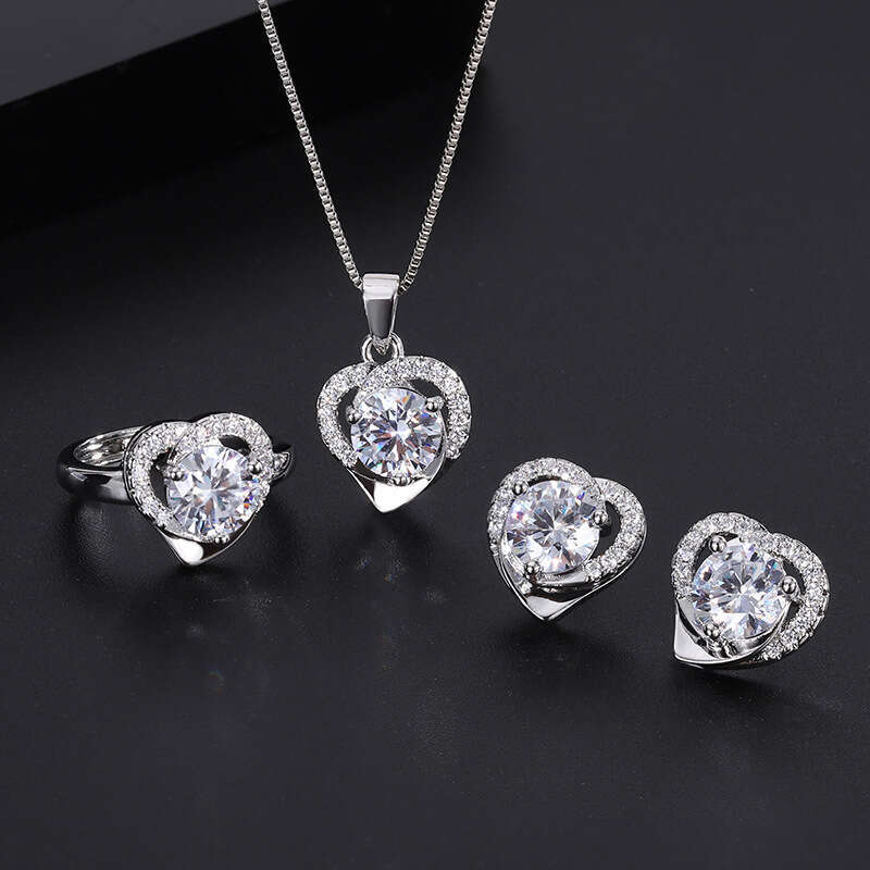 Clearance Sale Tiktok Live Simple S Sier Needle Zircon Earrings Ring Pendant Jewelry Three-Piece Set A9a