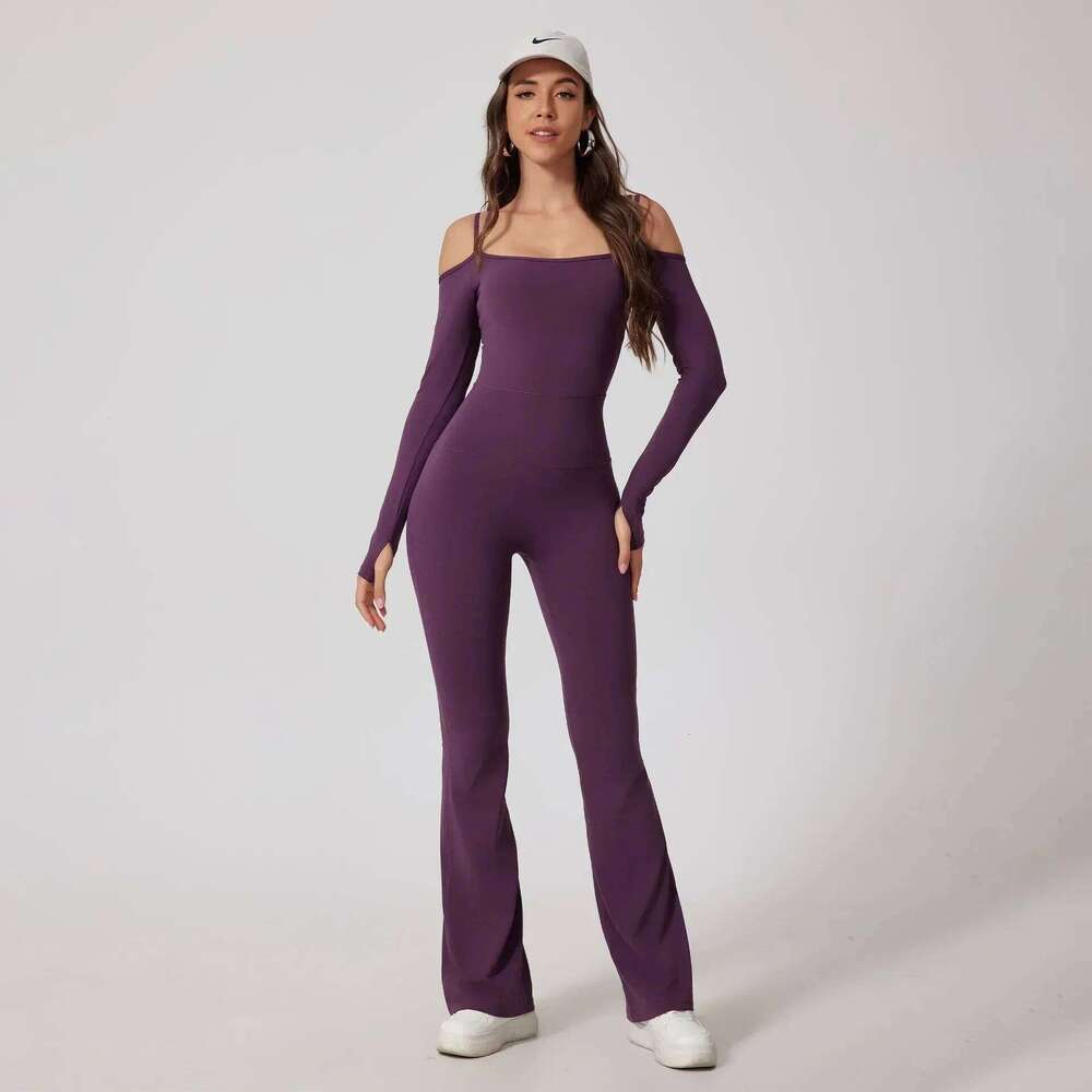 Seamless Yoga Jumpsuits Sports Fiess High Waist Hip Raise Long-Sleeved Flared Pants Suit Workout Gym Leggings Set for Women