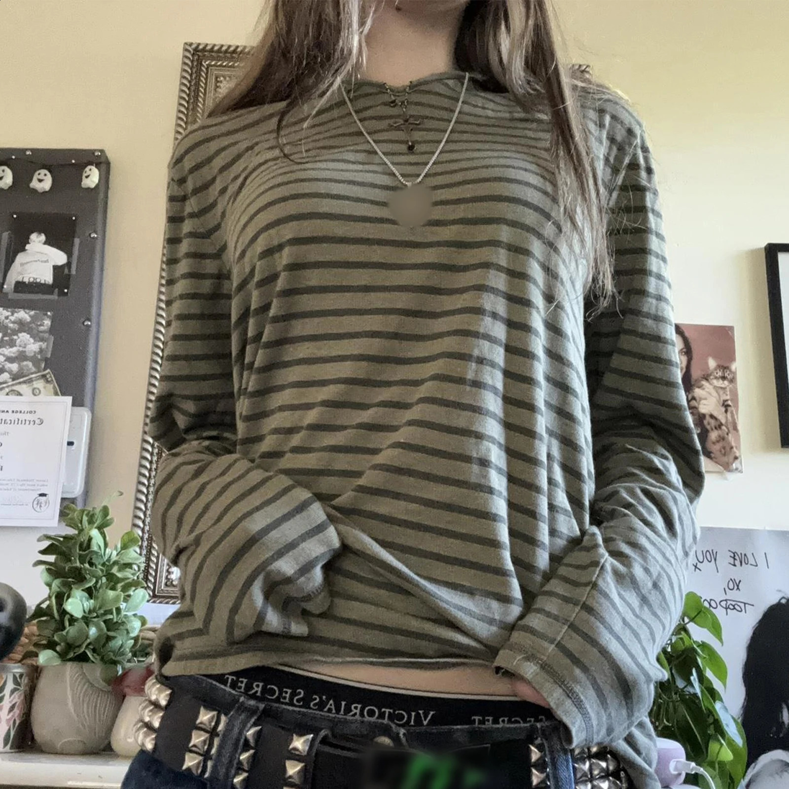 Y2k Teen Striped Long Sleeve T-Shirts Fairy Grunge Print Baggy Tops Vintage Harajuku 2000s E-Girl Shirts Vintage Streetwear 250707