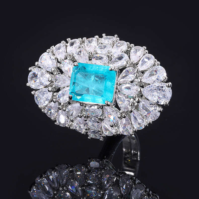 Luxurious Ring Aquamarine Zircon For Women, Copper Base With Gold Plating And Emerald Inlay 501
