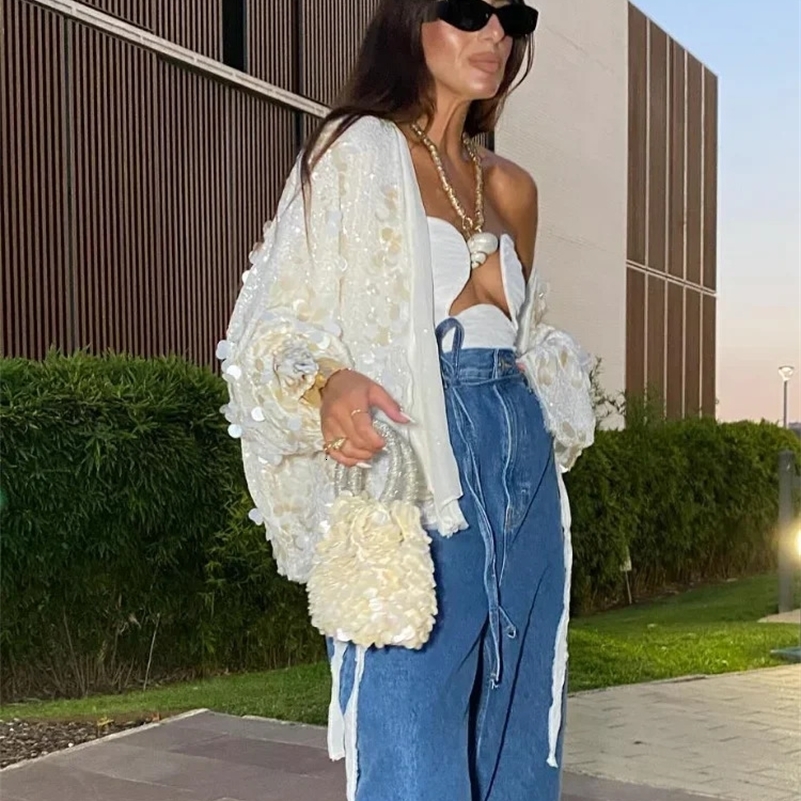 Women Sparkling Beaded Short Loose Jacket Chic Elegant V Neck Long Sleeve Lace Up Cardigan Autumn Female Fashion Streetwear 250703