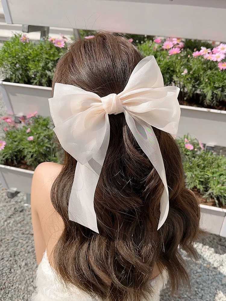 Sweet Blue Shining Satin Bowknot Hair Clip Big Ribbon Bow Barrette Solid Color Scarf Hairpin Ponytail Clip Hair Accessories Y250707