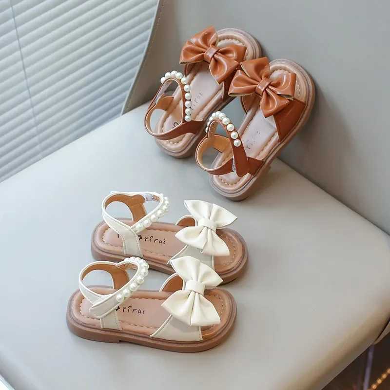 Toddler Girls Leather Sandals Princess Soft with Pearls Bowtie Sweet Children Holiday Sandals Chic Open Toes Kids Summer Shoes z250708MNXW