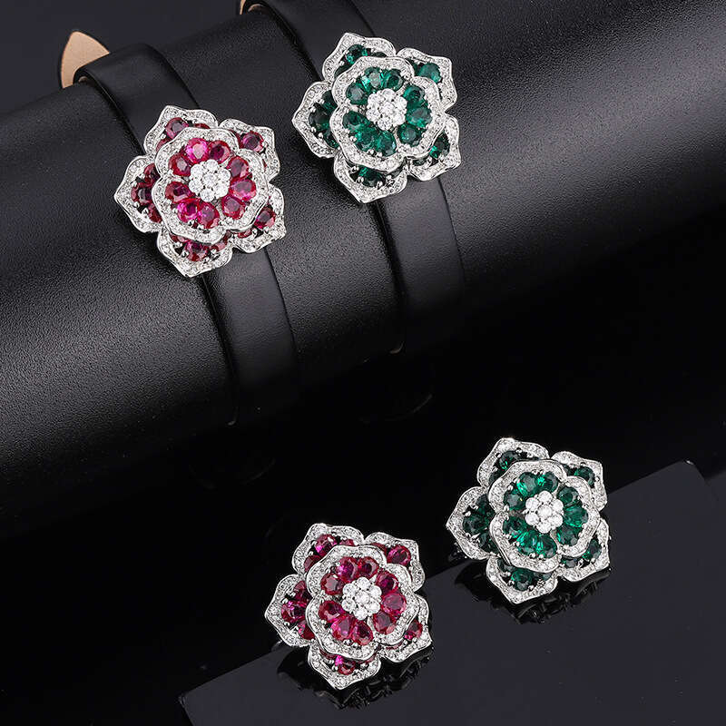 Jewelry Two-Piece Set Camellia Ring Full Diamond Noble Topaz Blood Red Bracelet For Women 405