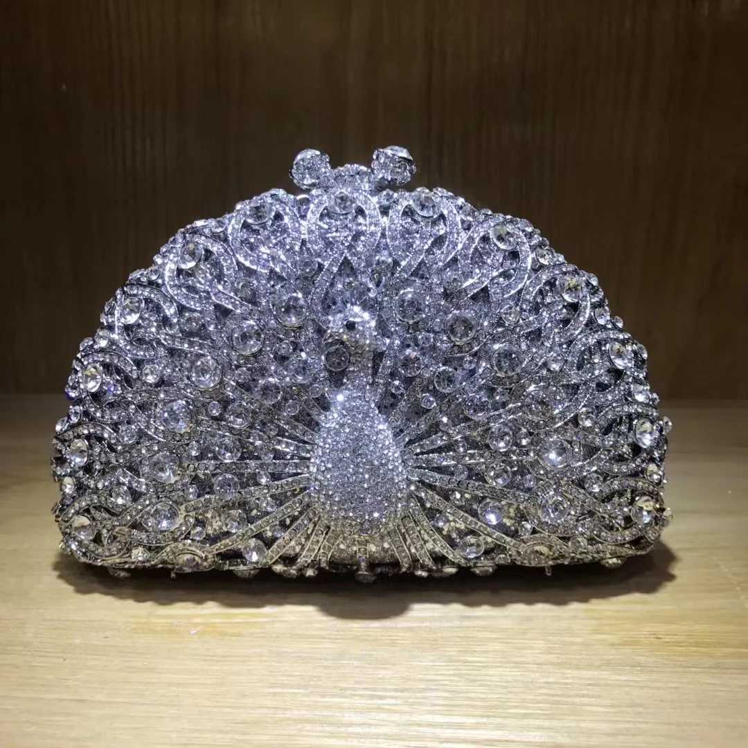 XIYUAN Woman Peacock Hollow Crystal Evening Bag Multicolored Diamond Bridal Animal Clutch Purse Wedding Cocktail Party Handbag