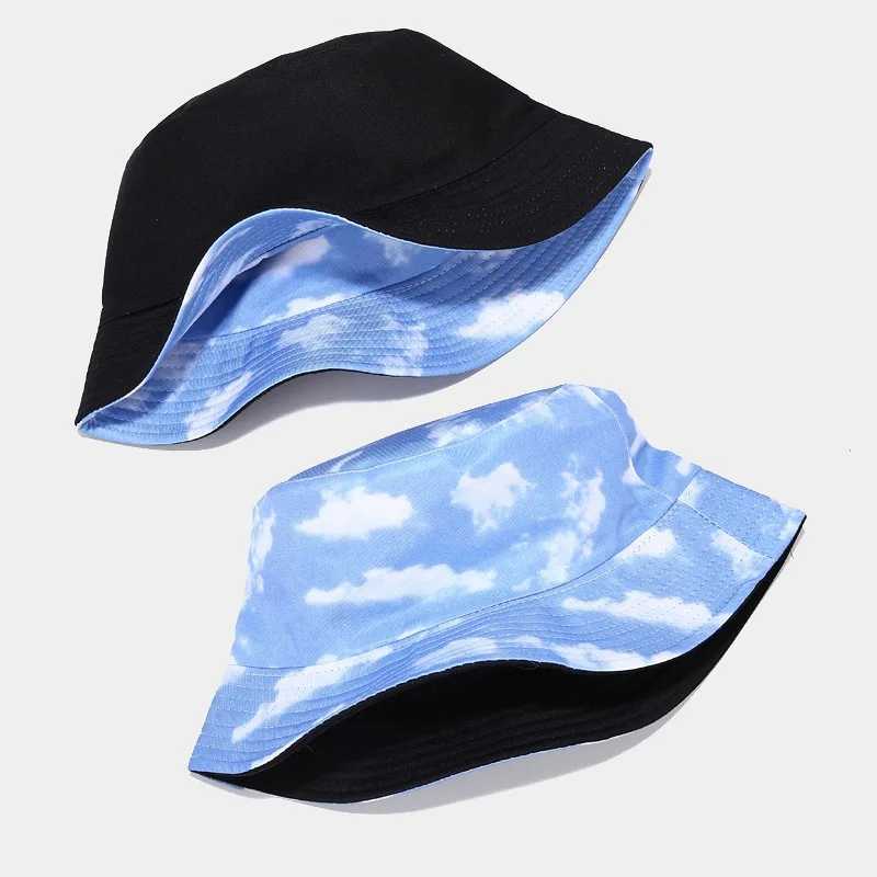 2024 Polyester Blue Sky And White Clouds Print Bucket Hat Fisherman Hat Outdoor Travel Sun Cap For Men And Women Y250707