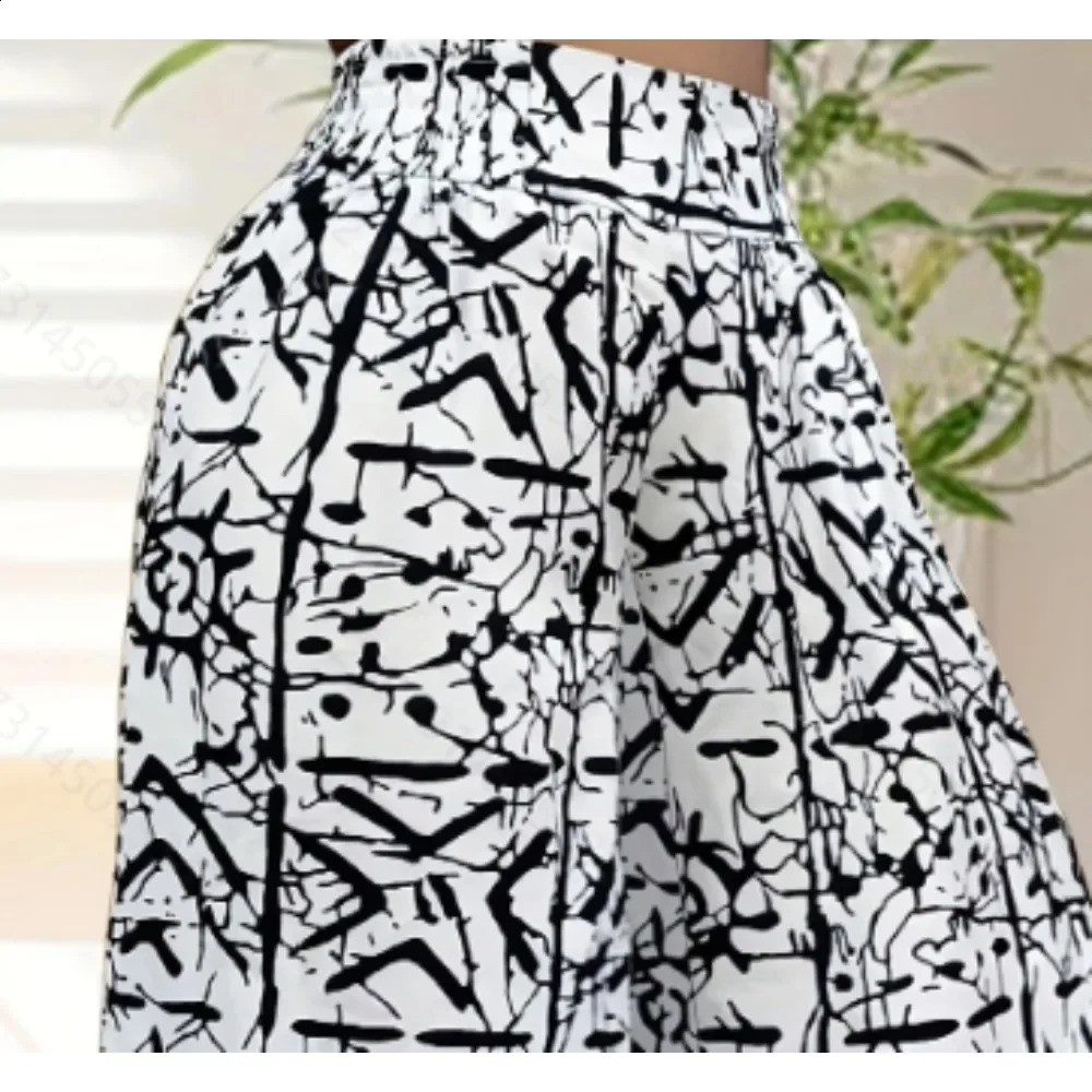 Plus Size 1XL5XL Womens Drawstring High Waisted Printed Wide Leg Pants Female Casual Elegant Loose Long Trousers 250628