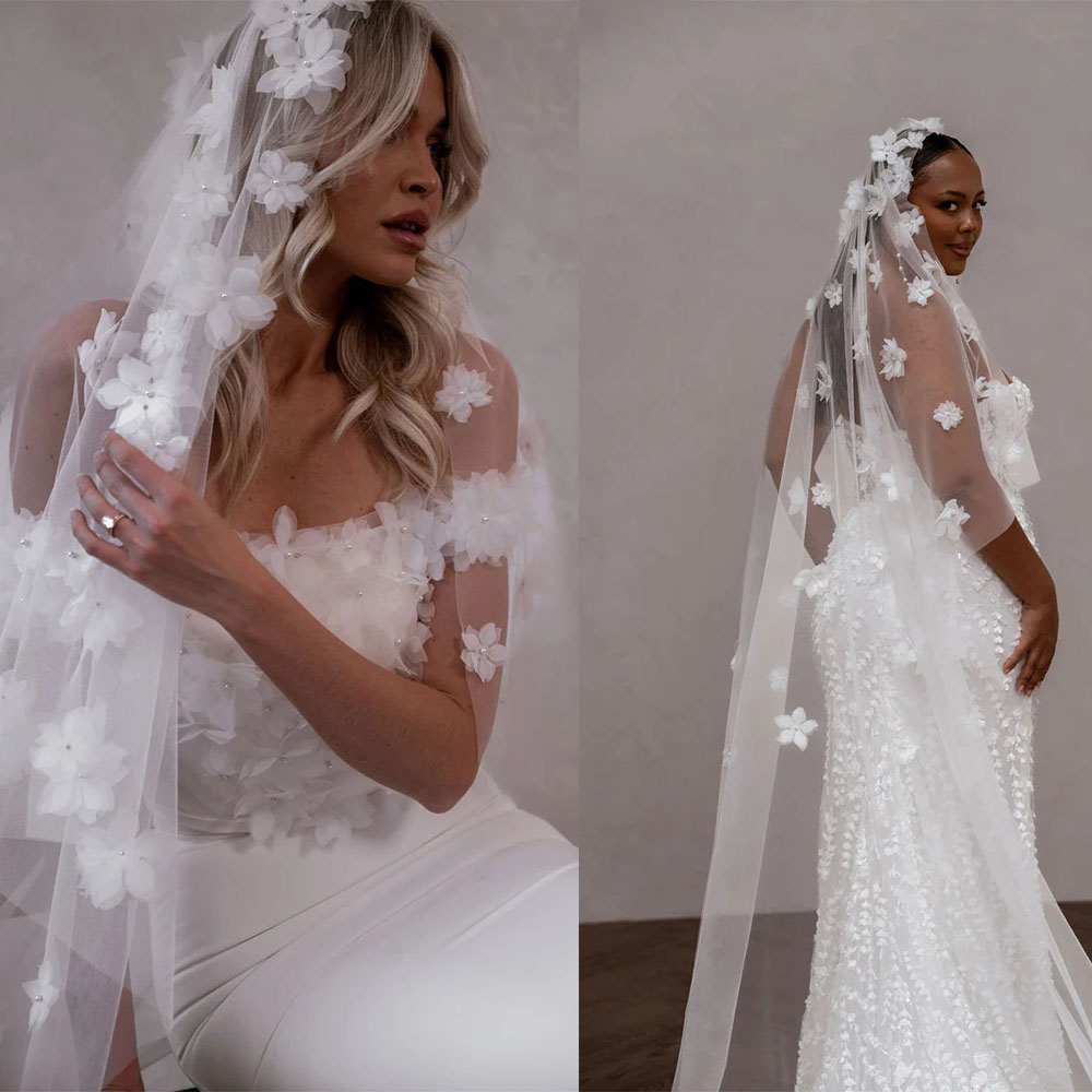 3D Flower Wedding Veil Cathedral White Ivory Long Exquisite Beaded Floral Bridal Veils Tulle 1 Layer With Comb Bride Accessories Custom Made