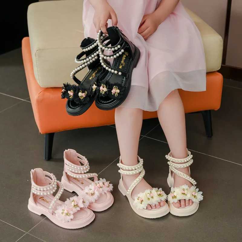 Childrens Sandals Summer Bowtie Princess Shoes for Girls Fashion Sweet Kids Casual Pearl Roman Sandals Solid Color Hook Loop R250707