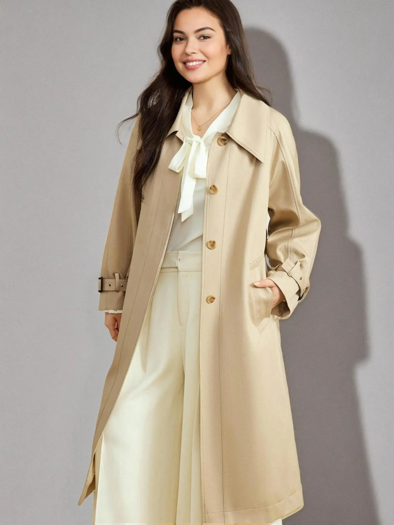 DUSHU Womens A-line Medium Long Trench Jacket Spring Fashionable Chic Style Casual Loose Trench 25DS81286 250703