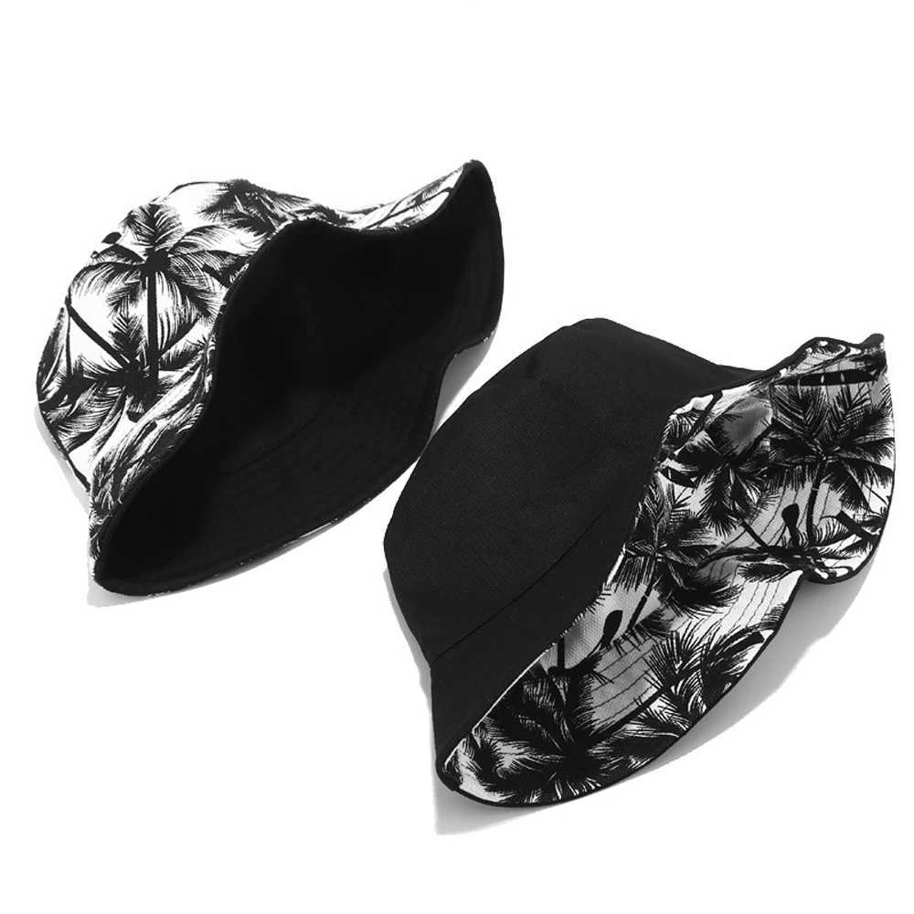 2022 New Unisex Fashion Summer Reversible Black White Coconut Tree Printed Fisherman Caps Bucket Hats Fisherman Hat Men Women Y250707