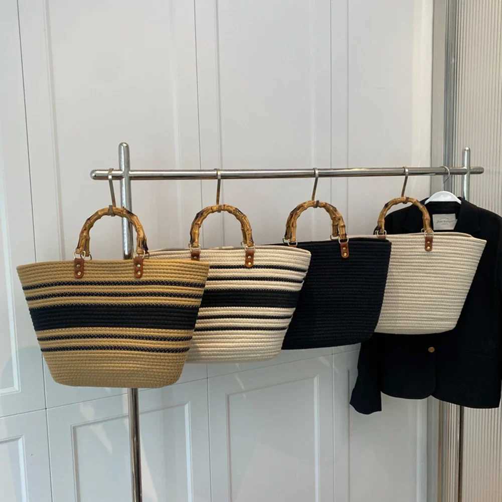 Cotton Woven Handbags Bamboo Handle Women Weaving Bag Large Capacity Striped Portable Casual Exquisite for Seaside Party