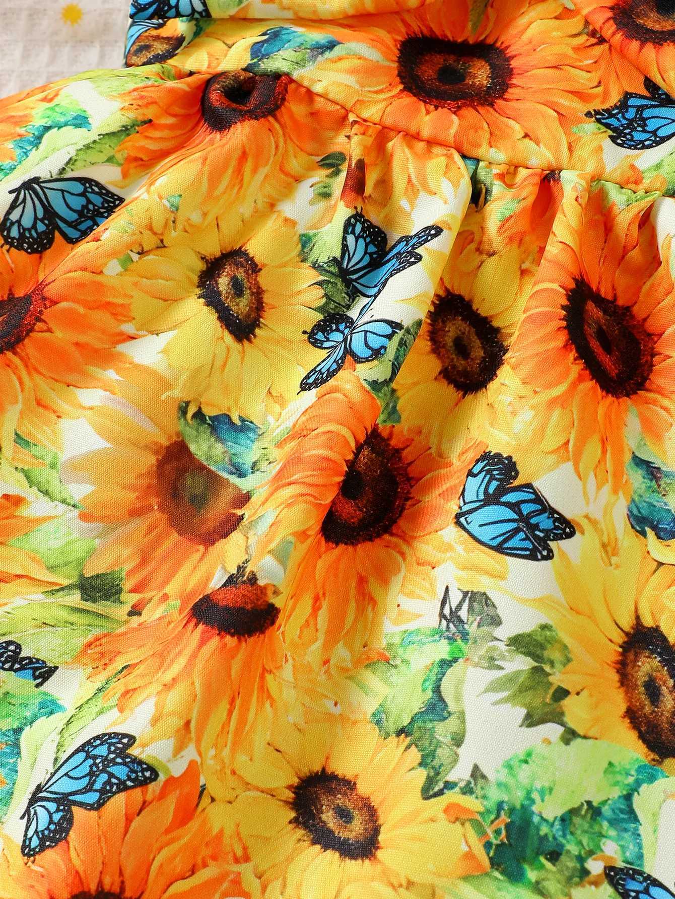 Baby Girl Summer Fashion Vacation Romantic Sunflower Flower Lace Suspender Big Bow Dress R250707