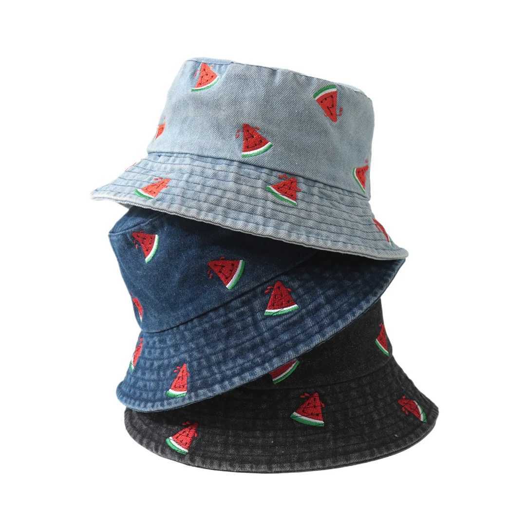 New Summer Denim Bucket Hat for Women Embroidery Watermelon Cherry Strawberry Outdoor Sunshade Fisherman Cap Men Best Matched Y250707