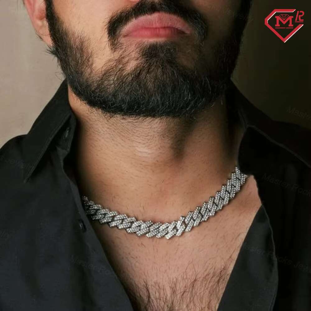 Hiphop Cuban Link Chain 15mm 2 Row Iced Out Chain Men 925 Silver Vvs Moissanite Cuban Chain