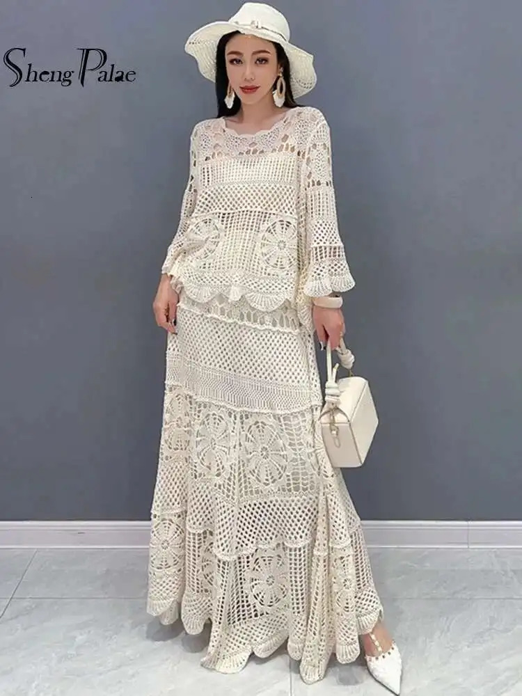 SHENGPALAE Lace Set With Hollow Top Swing Long Skirt Solid Color Fashionable Elegant Lady 2025 Spring Summer Clothes 5R9560 250708