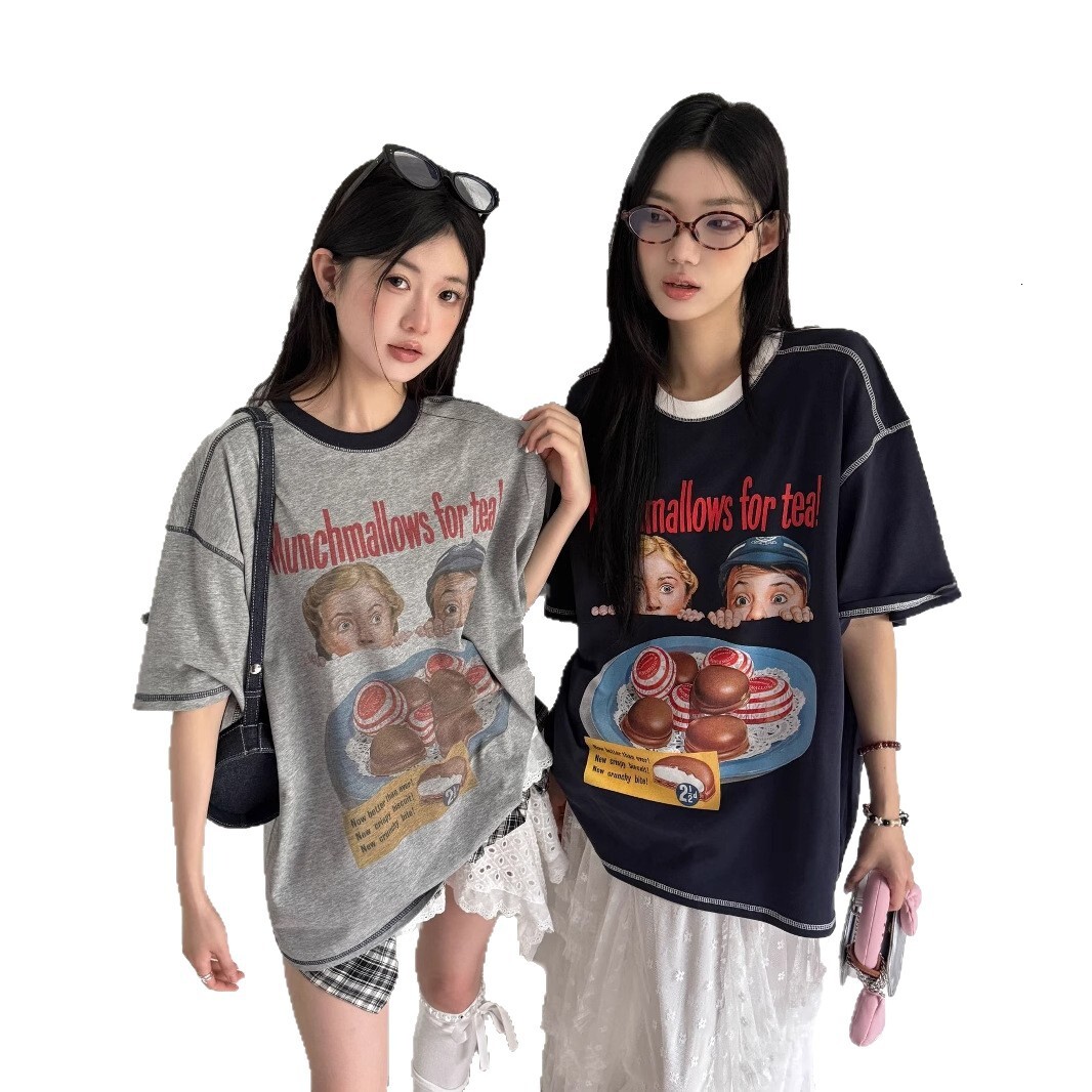 2025 Summer new women's T-shirt retro style distressed color block cartoon spray fashion short sleeved women's T-shirt new designer T-shirt