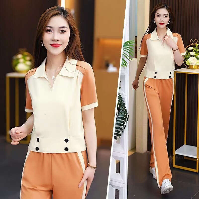 Turn-Down Collar Sports Suit For Women Summer New Casual Commuting Fashion Age-Reducing Stylish Two-Piece Set B5