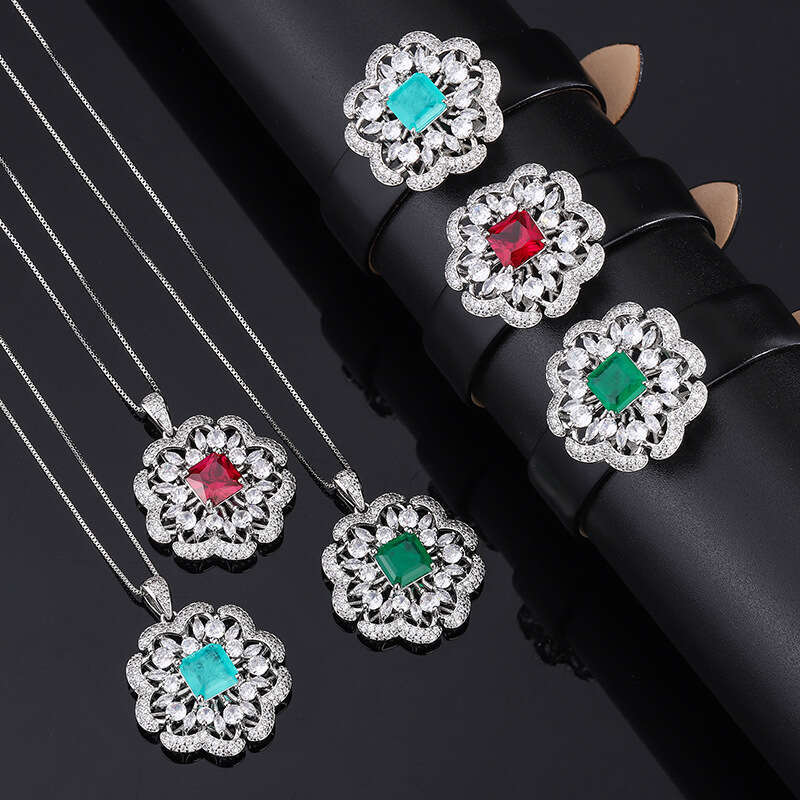 Emerald Bracelet Set With Red Corundum, Stacked Dias, Petal Wrist Chain, And Paraiba Necklace 7B5