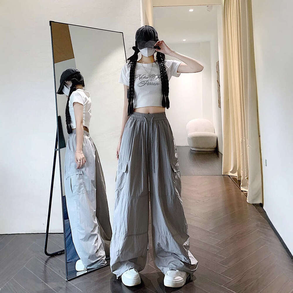 Plus Size American Style Cargo Wide-Leg For Women, Summer Thin Loose Slimming Drawstring Quick-Dry Casual Sports Straight Pants Trendy B5