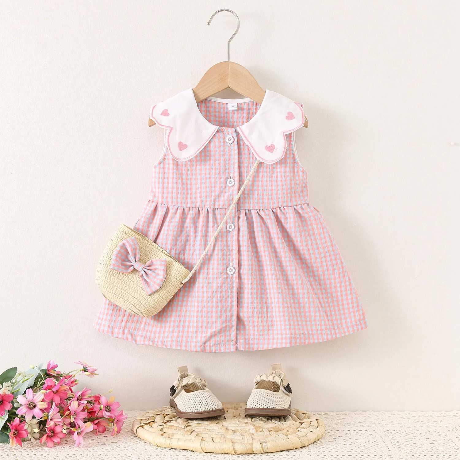 Baby Girl Dress Summer Cotton Plaid Sleeveless Girl Dress Cute Lapel Girl Dress BabyClothing R250707