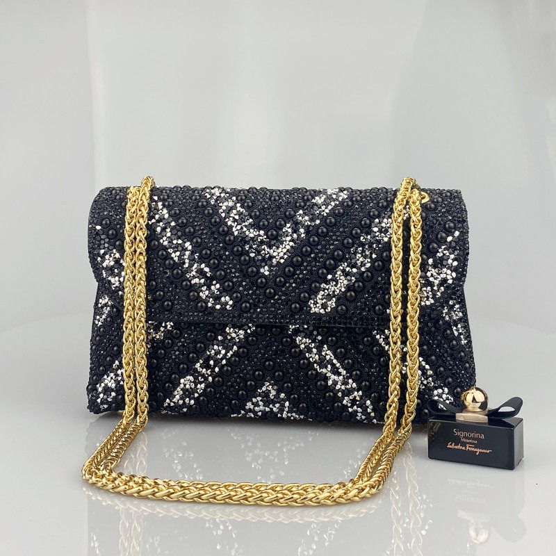 Retro evening gown, elegant lady, rhinestone clutch bag with diamond and colored diamond chain, cheongsam for a formal dinner party