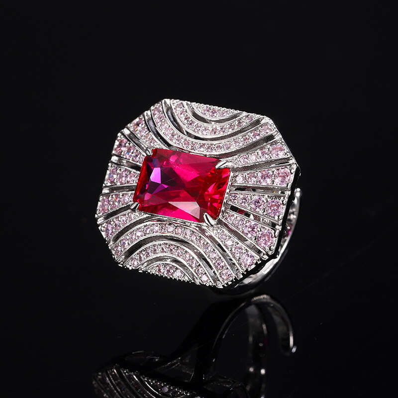 Fashion Luxury Rose Royal Blue Open Ring Red Corundum Pink Zircon Rectangular Women's 400