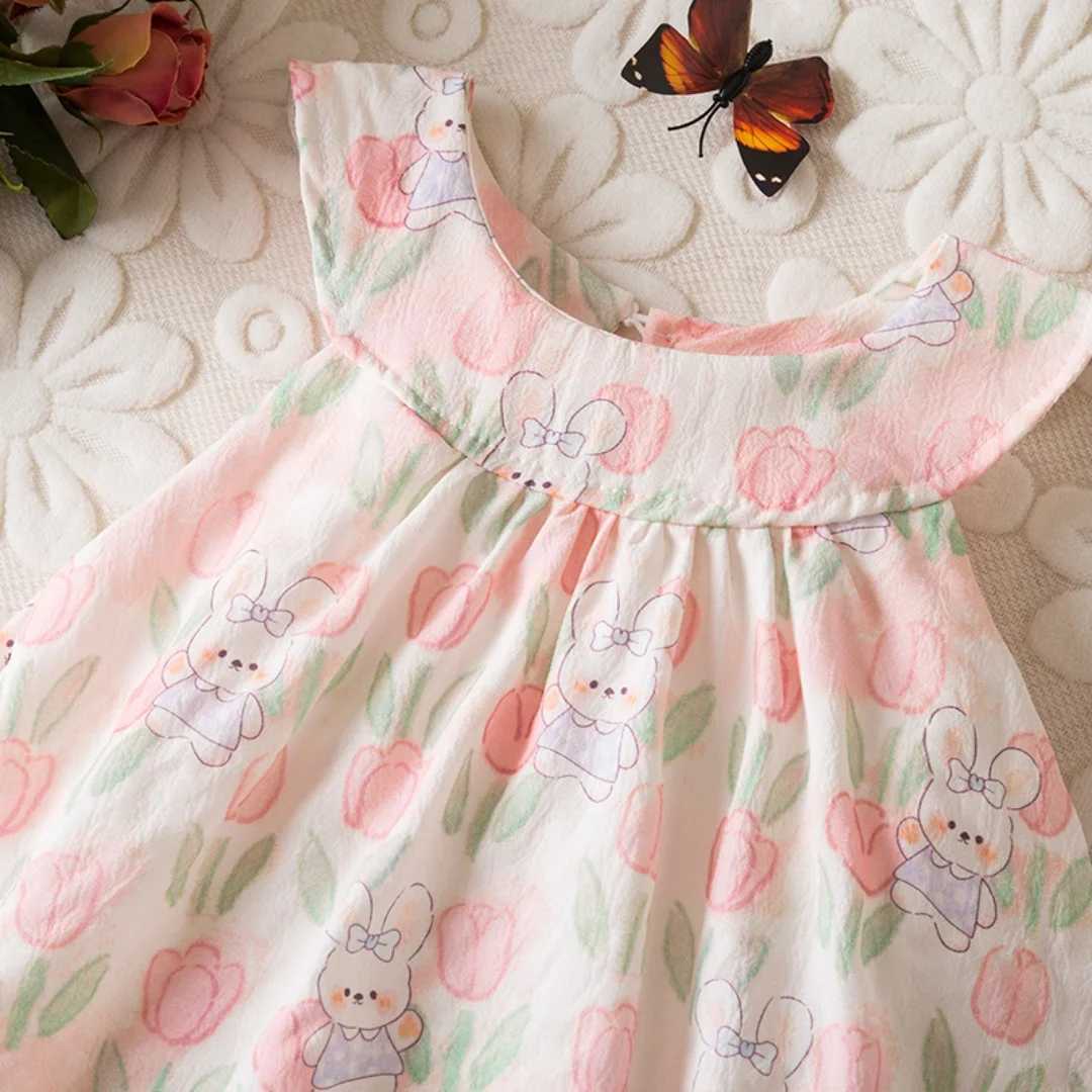 Baby Girl Summer Dress Full Print Tulip And Cartoon Rabbit Pattern Round Neck Cute Casual Girl Dress R250707
