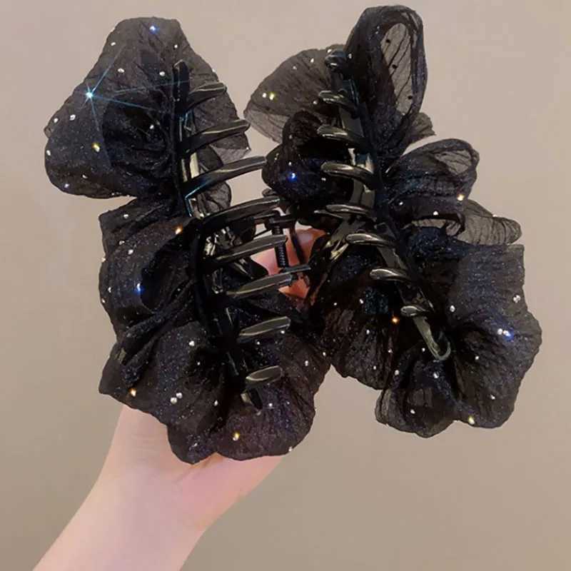 Summer Sweet Mesh Tulle Big Bow Hair Claw Clips for Women Solid Colors Elegant Bowknot Ponytail Clip New Hair Accessories Y250707