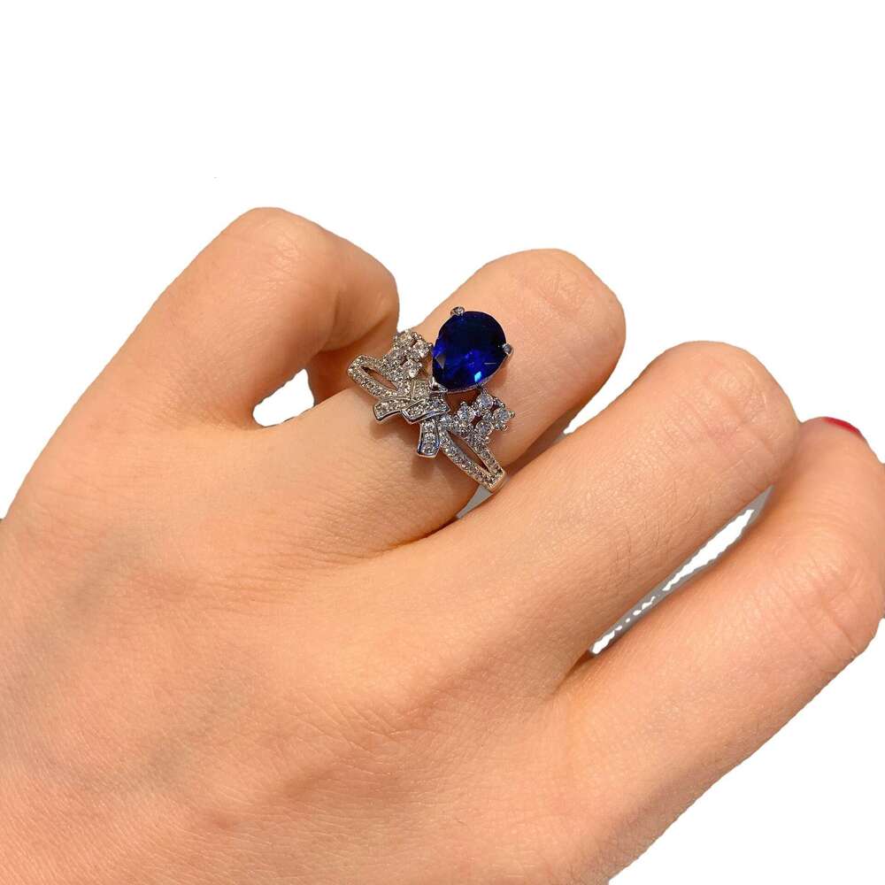 Live New Pear-Shaped Full Diamond Paraiba Blue Zircon Gemstone Ring 75F
