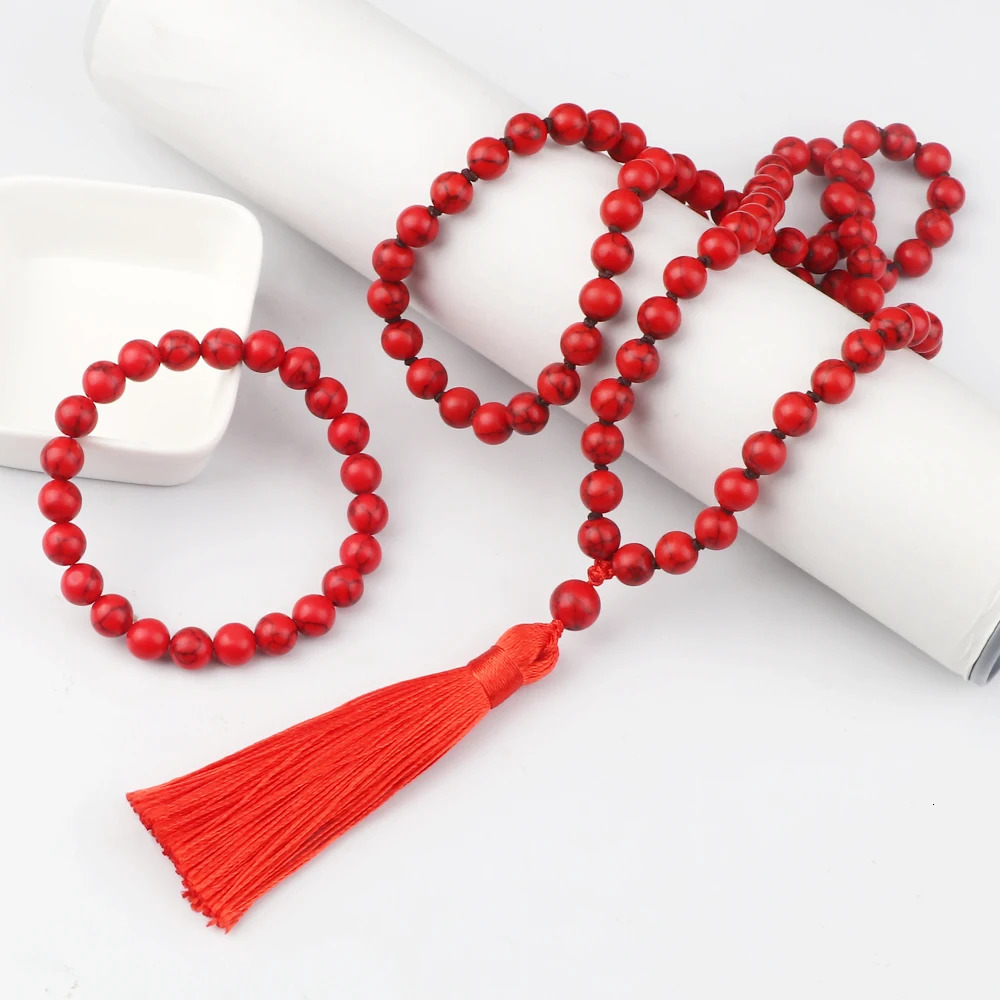 8mm Natural Black Line Red Pine Necklaces Set Fashion Handmade Knotted Tassel Pendant Charm Beaded Bracelet Yoga Spirit Jewelry 250704