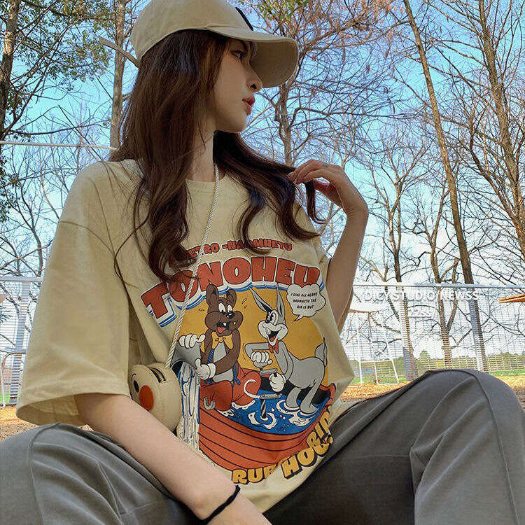 Summer New Korean Style Pure Cotton Cartoon Print Round Neck Short Sleeve T-Shirt For Women Loose Casual Versatile Top B5