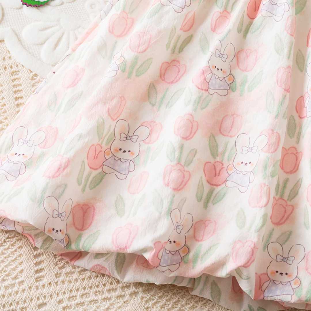 Baby Girl Summer Dress Full Print Tulip And Cartoon Rabbit Pattern Round Neck Cute Casual Girl Dress R250707