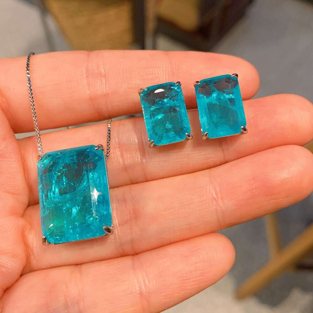 Tiktok Live Paraiba Blue Light Rectangular Earrings Pendant Simple Women's Style 9E6