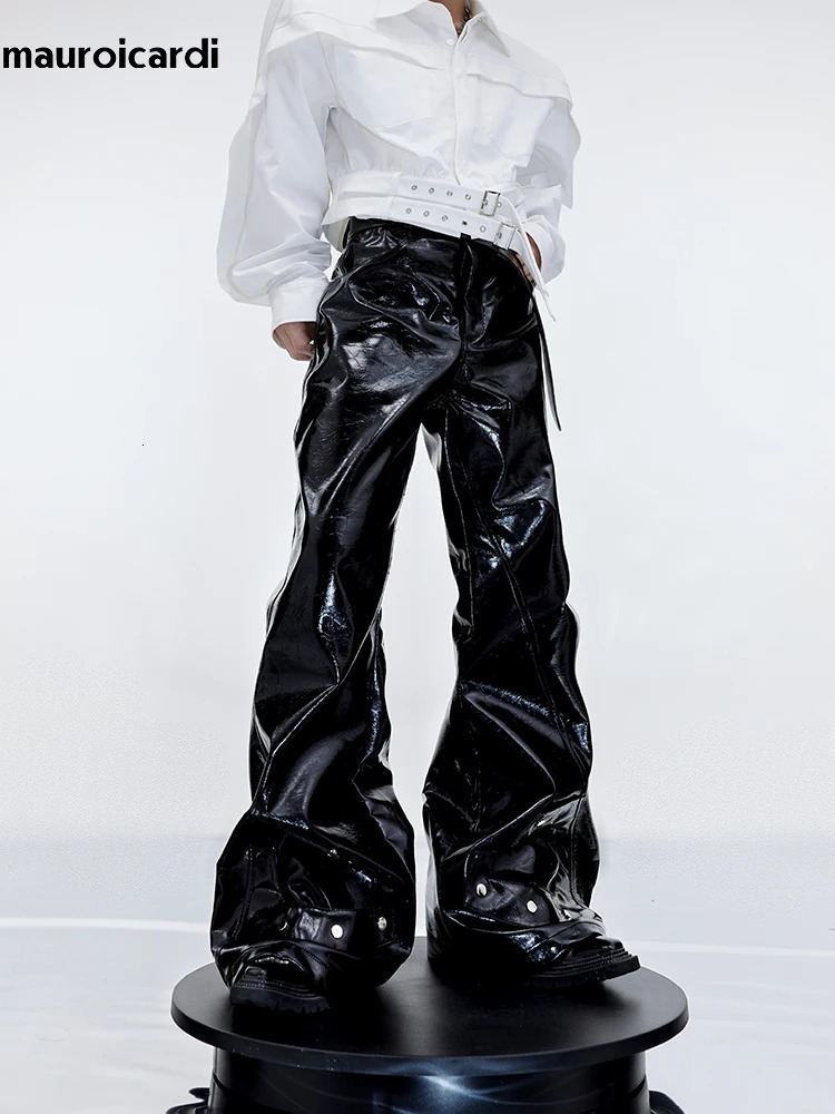 Mauroicardi Spring Autumn Cool Black Shiny Reflective Pu Leather Flare Pants for Men High Quality Trousers Mens Clothes 250704