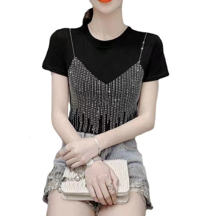 2025 Summer New Women's T-shirt Embroidered Diamond Anti Strap Short Sleeve Women's T-shirt Summer New Large Round Neck New Designer T-shirt