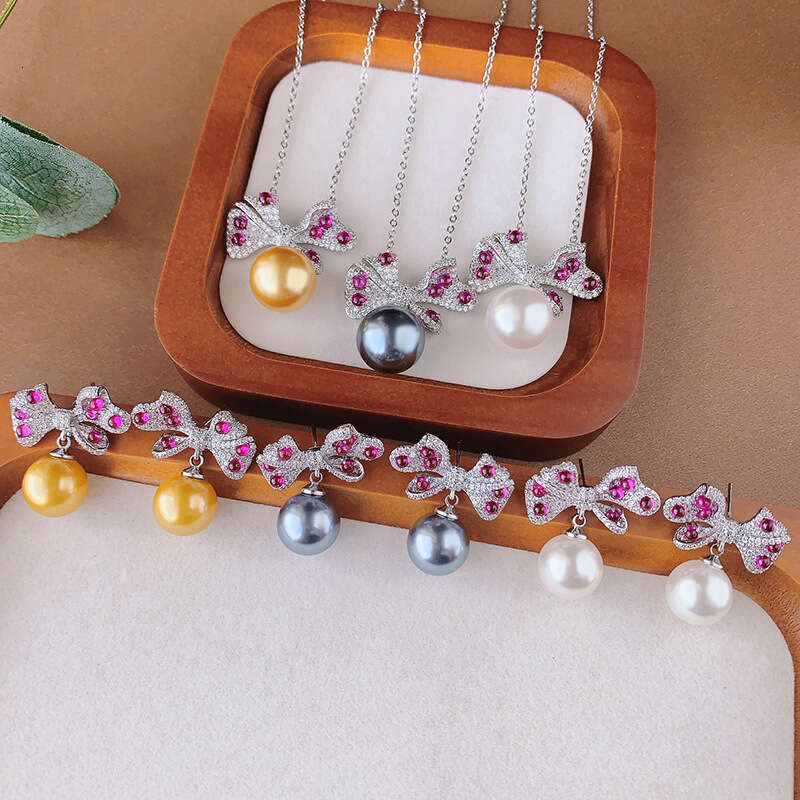 New Pearl Set Necklace Earrings Bowknot Style Jewelry Purple Changing Red Corundum Light Women 4Db