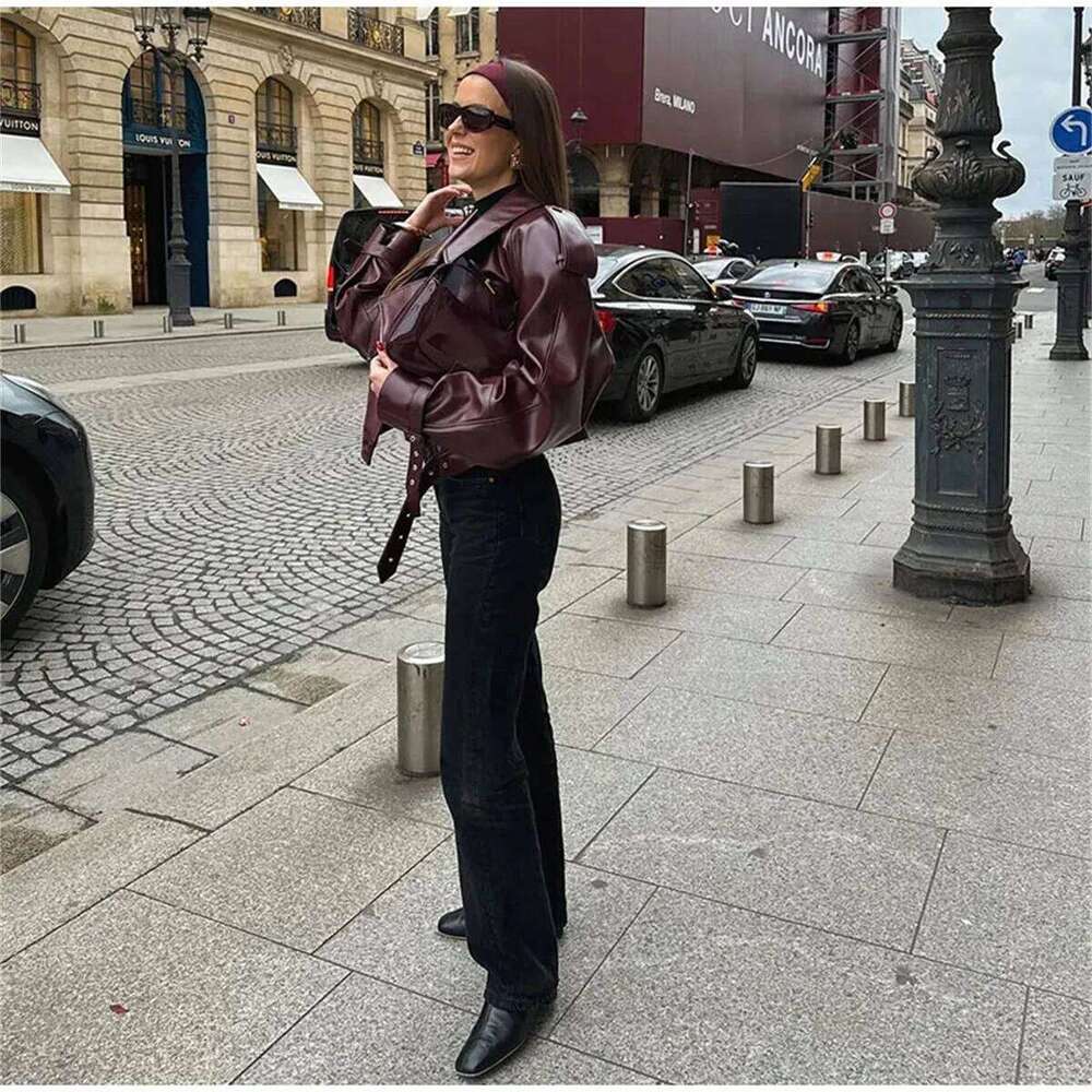 Fashion Lapel Leather Jacket Autumn Winter Women's Jackets Vintage Long Sleeve Crop Coats Belt High Street New In Outerwear
