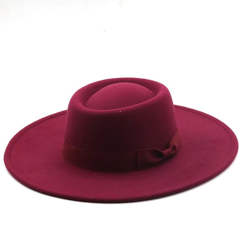 95 cm Wide Brim Plain Black Flat Top Hat Boater Women Wool Fedora Felt Hats with Bowknot Vintage Church Wedding Panama Hat 250707