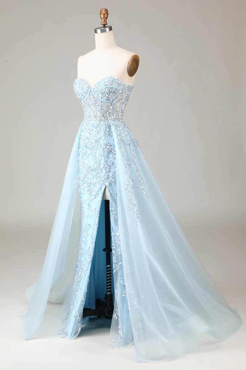 Simple Mermaid Evening Dress Strapless Sleeveless Beaded Sequins Prom Gowns Detachable Sweep Train Formal Dresses Customized