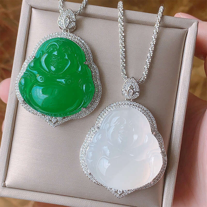Huayoumei Jewelry Green White Chalcedony Laughing Buddha New Chinese Accessories National Style Maitreya Necklace Pendant 401