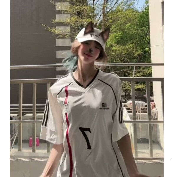 Pure Cotton American Style Sports V-Neck Short Sleeve T-Shirt Women Summer New Loose Oversize Patchwork Color Block Top For Couples B5