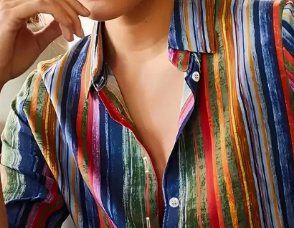 Plus Size Elegant Striped Button-Up Shirt for Women Vintage Long Sleeve Machine Washable Ideal for Vintage Striped Shirt 250703